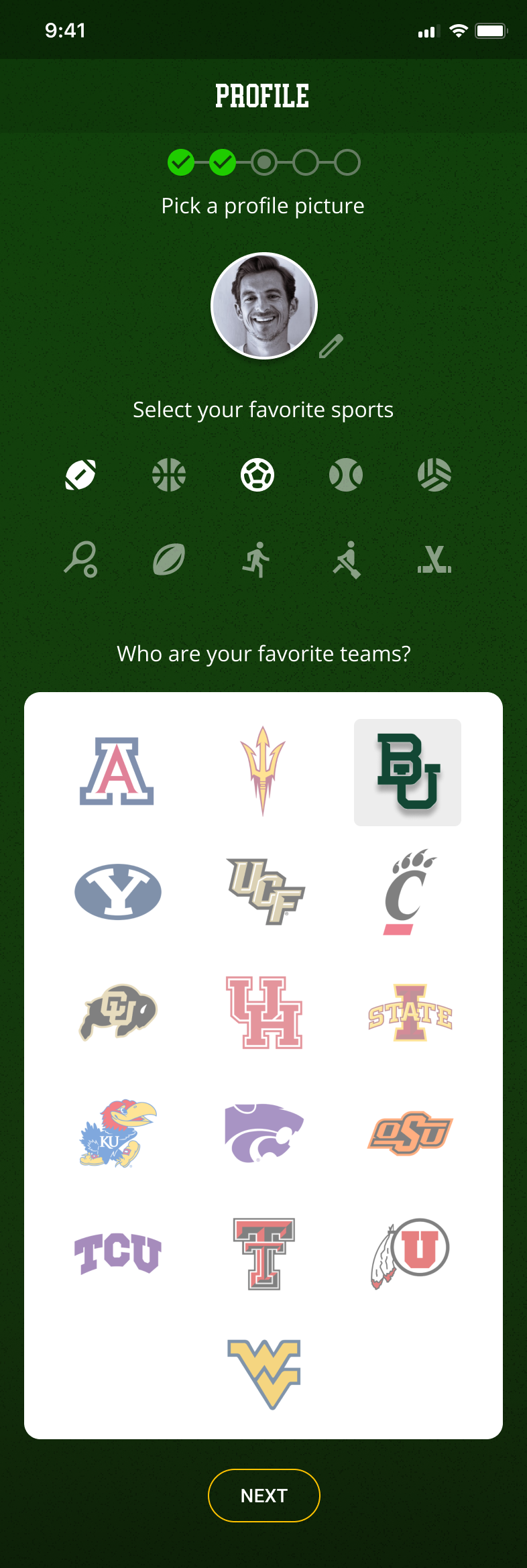 MVP profile creation screen: selecting favorite sports and BIG 12 teams, with Baylor picked